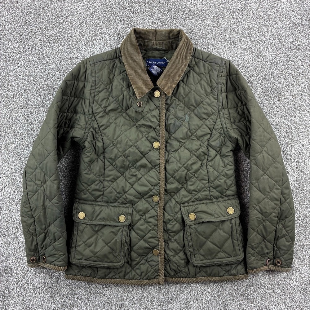 Vintage Polo Ralph Lauren Quilted Jacket Youth 6 Green Barn Chore Corduroy Trim